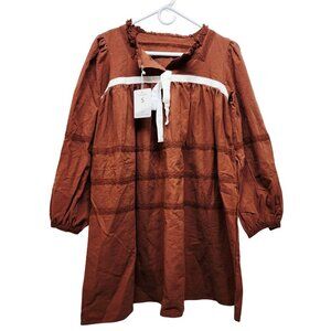 Vintage-Inspired Brown Long Sleeve Dress White Ribbon & Lace Trim Detail  Size S